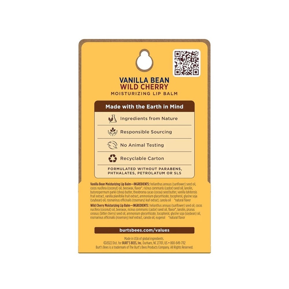 Burt's Bees 100% Natural Lip Balm, Wild Cherry and Vanilla Bean Blister pk of 5 - Picture 4 of 8